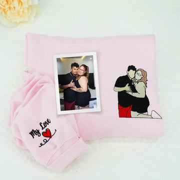 Custom Embroidered Anniversary Hoodie with Full Color Couple Portrait - Wedding Gift