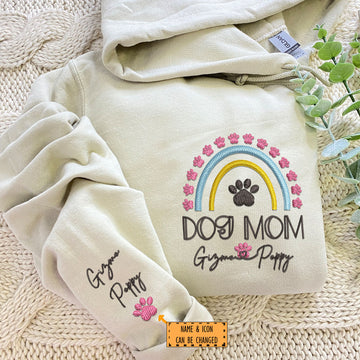 Custom Embroidered Dog Mom Hoodie with Pet Names - Rainbow Design Personalized Gift