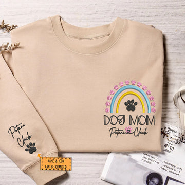 Custom Embroidered Dog Mom Sweatshirt with Pet Names - Rainbow Design Personalized Gift
