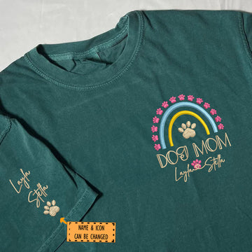 Custom Embroidered Dog Mom T-Shirt with Pet Names - Rainbow Design Personalized Gift