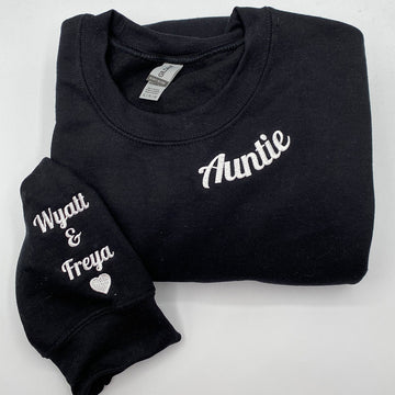 Custom Embroidered Aunt Hoodie with Names on Sleeve - Personalized Aunt Gift