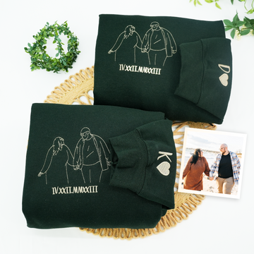 Custom Embroidered Roman Numeral Hoodie with Couple Portrait Outline - Relationship Gift