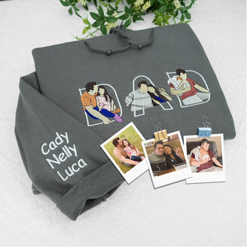 Custom Embroidered Dad Memorial Hoodie with Kid Portrait Photo - Memorial Gift