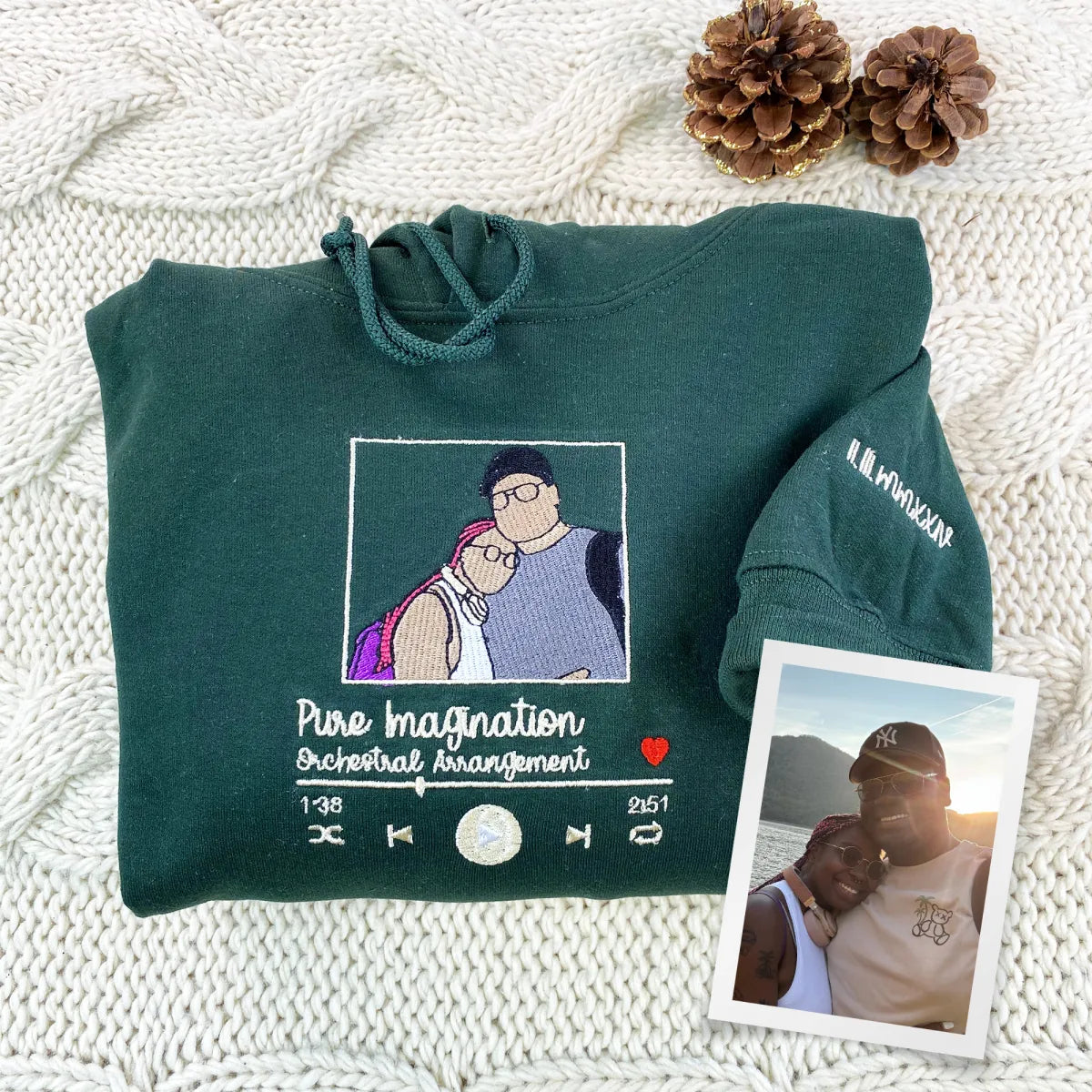 Custom Embroidered Favorite Song Hoodie with Photo Portrait - Romantic Couple Gift
