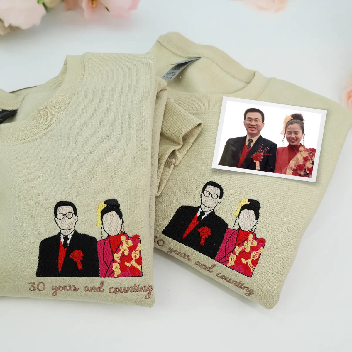 Custom Embroidered Wedding Hoodie with Couple Portrait - Matching Photo Gift