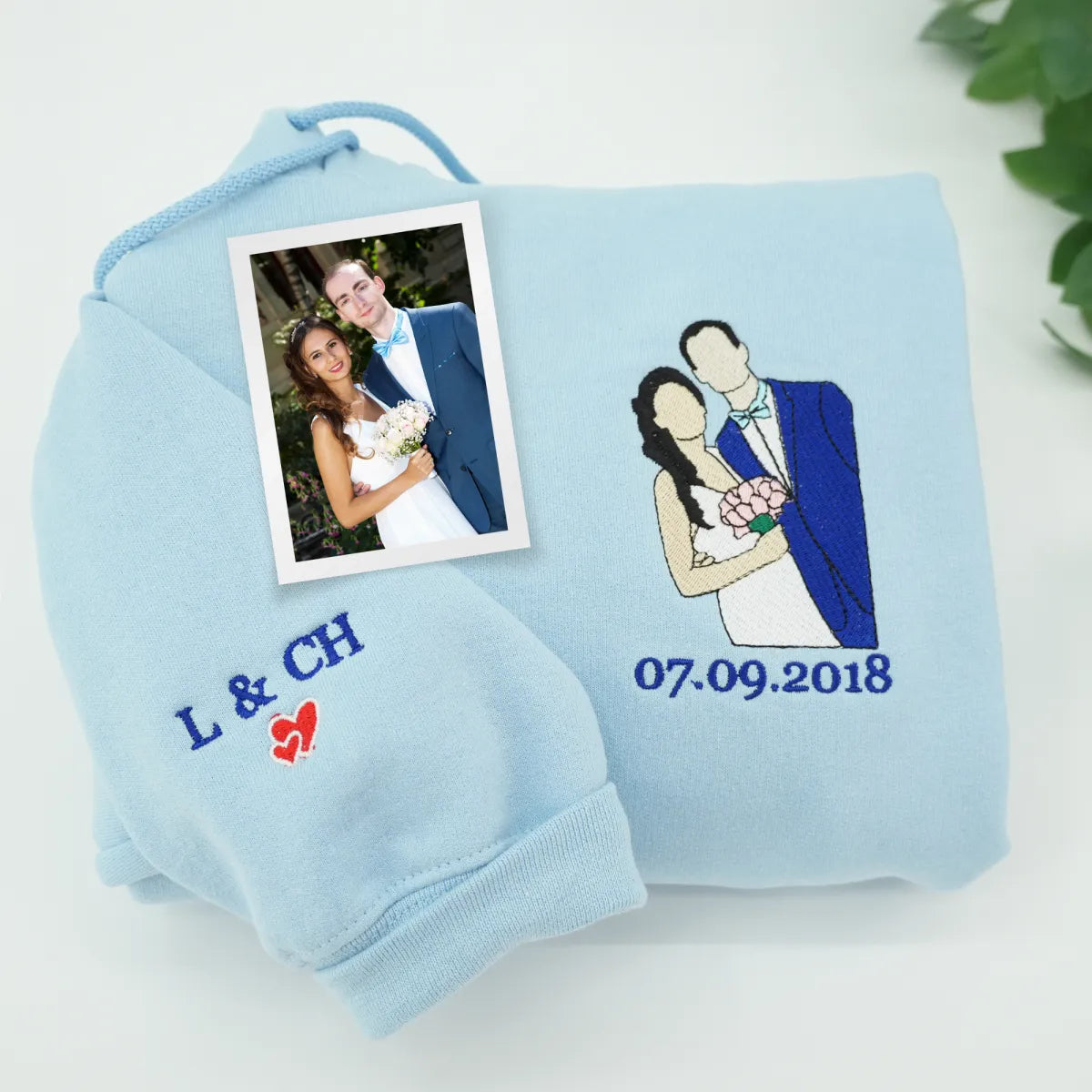Custom Embroidered Wedding Hoodie with Couple Portrait - Matching Photo Gift