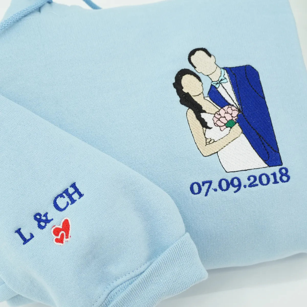 Custom Embroidered Wedding Hoodie with Couple Portrait - Matching Photo Gift