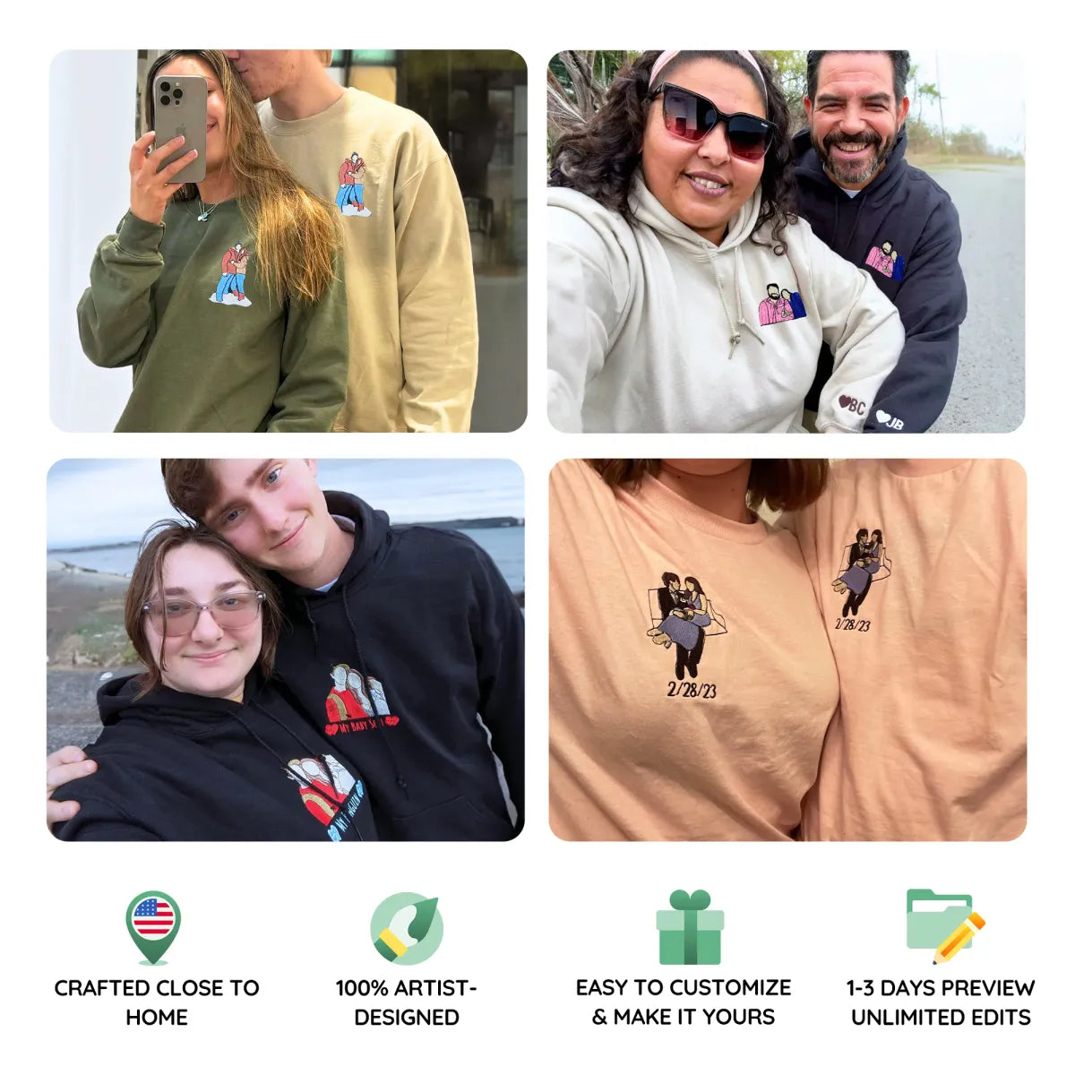 Custom Embroidered Wedding Hoodie with Couple Portrait - Matching Photo Gift