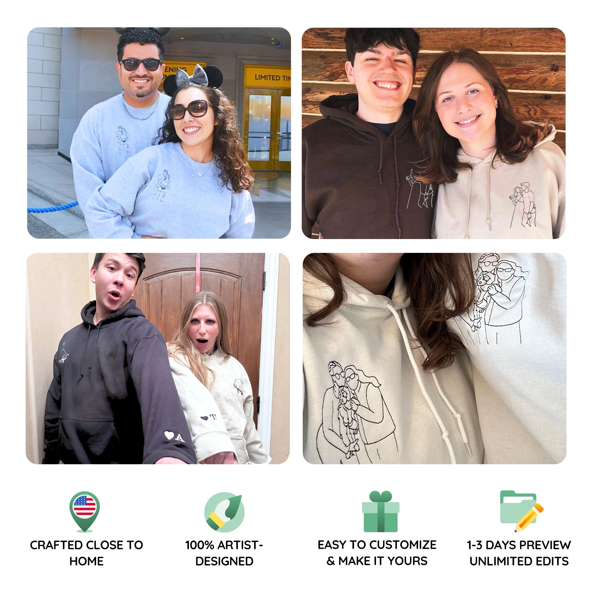 Custom Embroidered Wedding Portrait Hoodie - Personalized Couple Engagement Gift