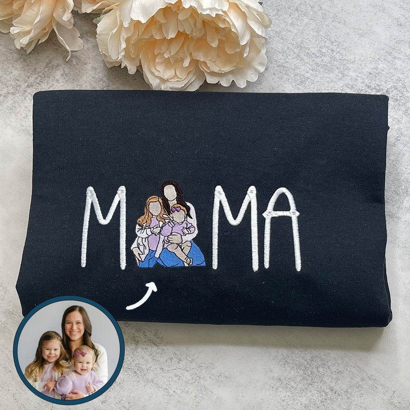 Custom Embroidered Mama Portrait Hoodie with Initial - Personalized Mother Gift