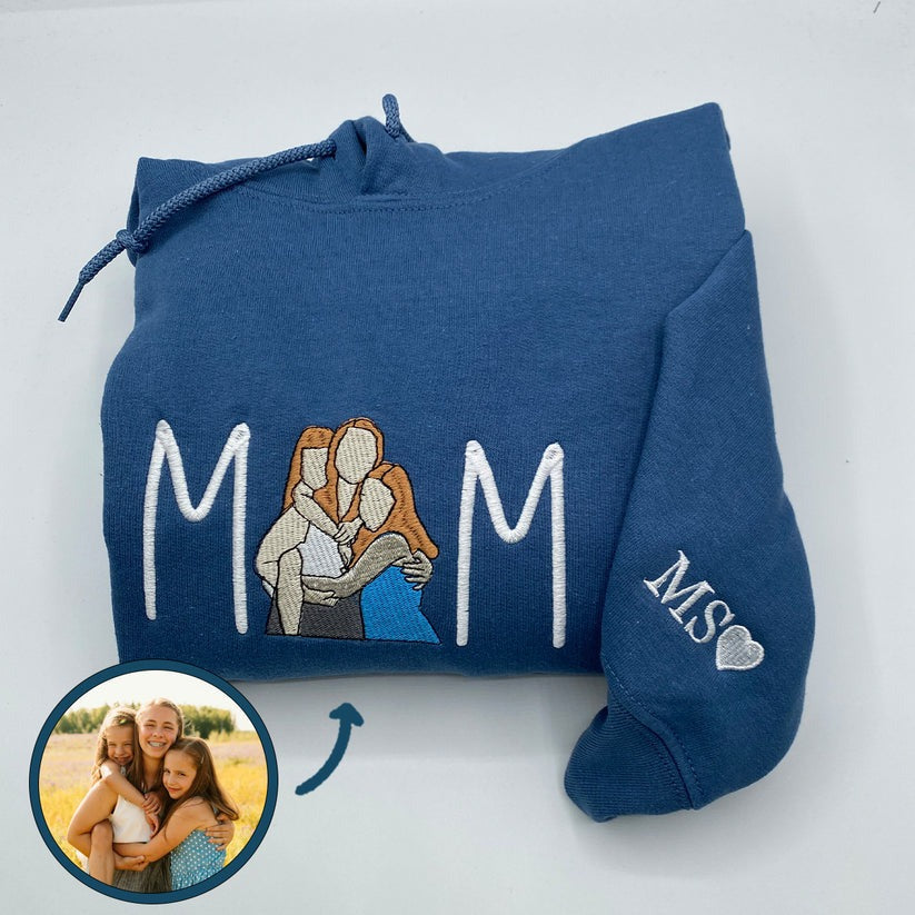 Custom Embroidered Mama Portrait Hoodie with Initial - Personalized Mother Gift