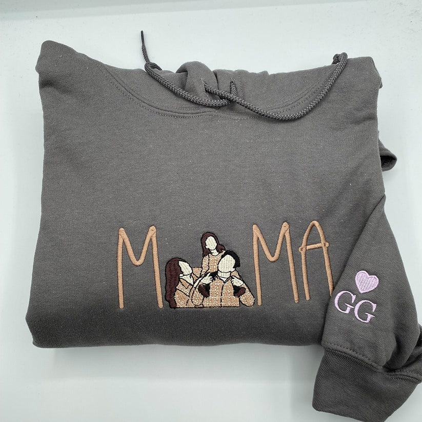 Custom Embroidered Mama Portrait Hoodie with Initial - Personalized Mother Gift