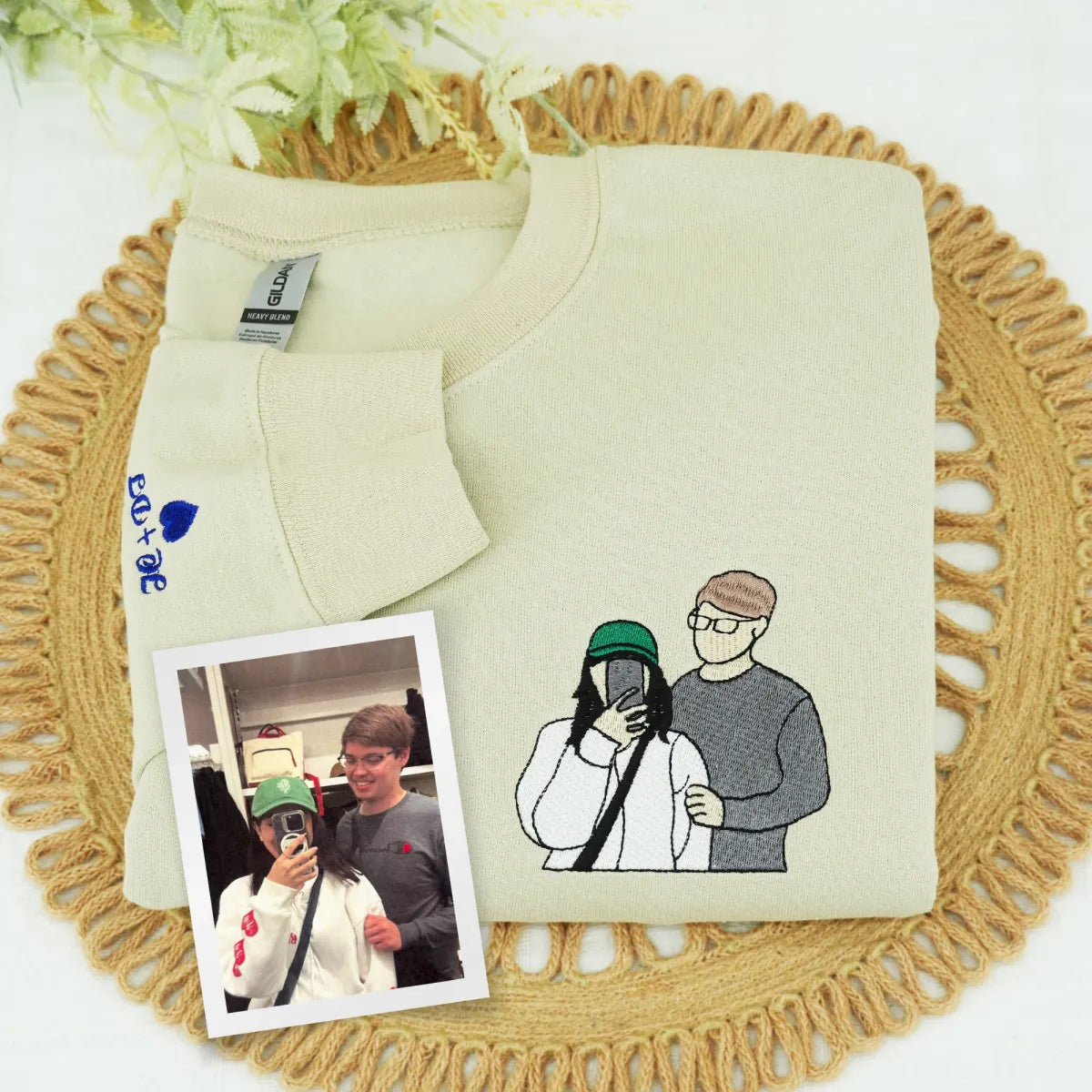 Custom Embroidered Anniversary Hoodie with Full Color Couple Portrait - Wedding Gift