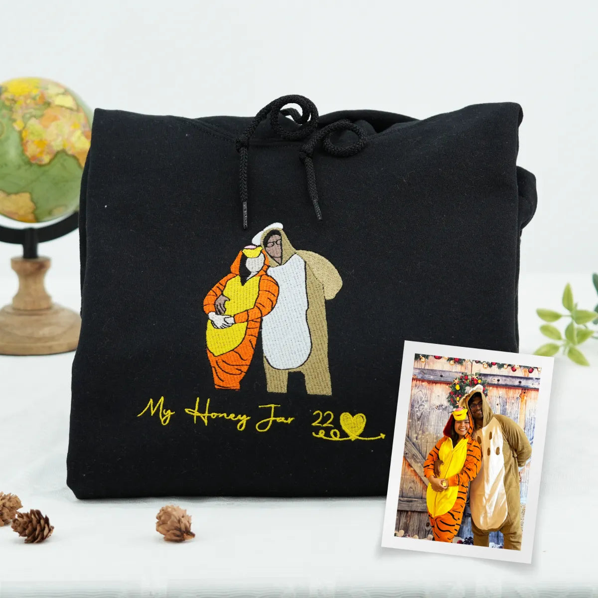 Custom Embroidered Anniversary Hoodie with Full Color Couple Portrait - Wedding Gift