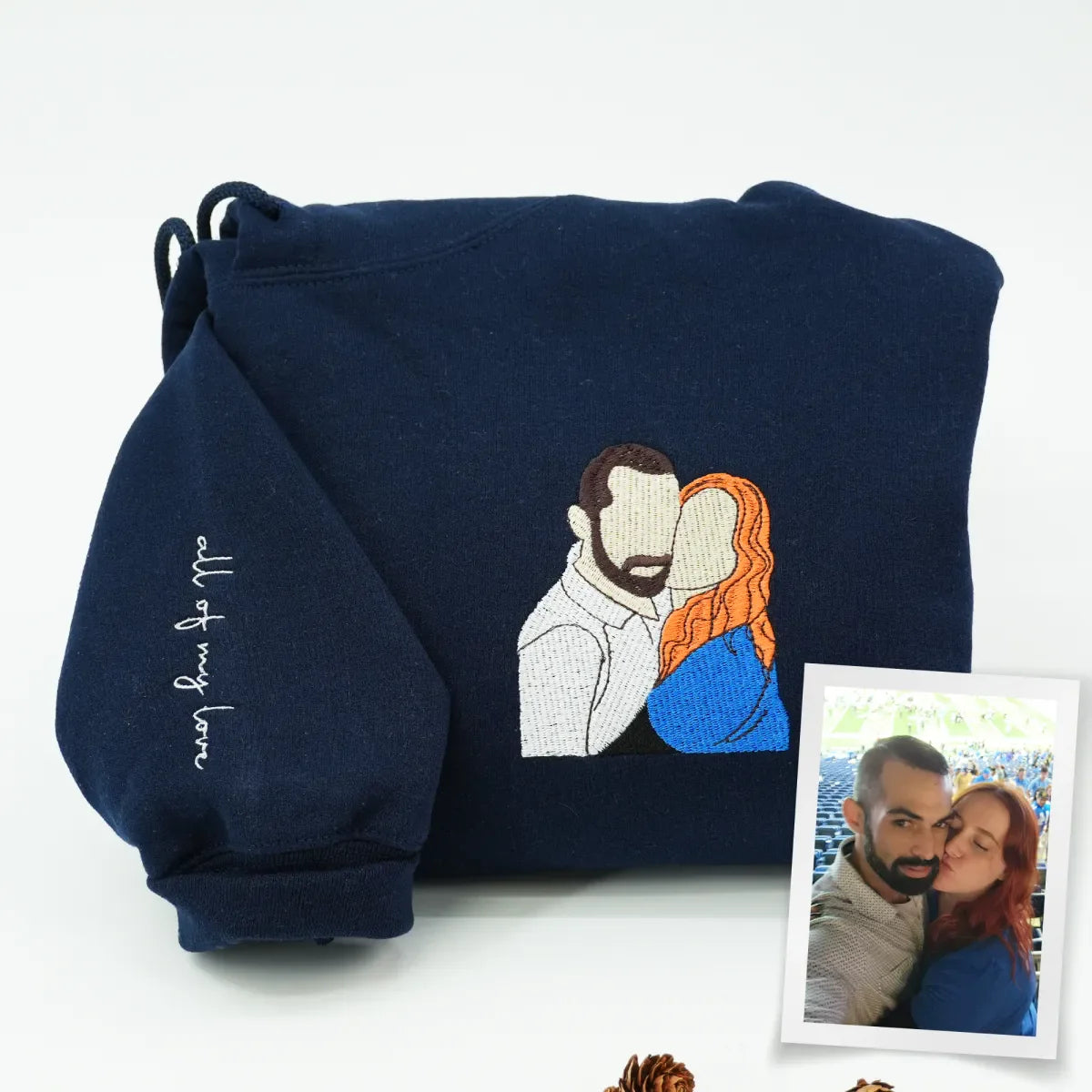 Custom Embroidered Anniversary Hoodie with Full Color Couple Portrait - Wedding Gift