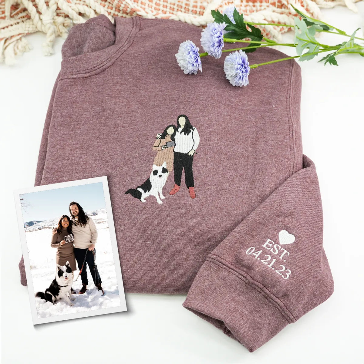 Custom Embroidered Anniversary Hoodie with Full Color Couple Portrait - Wedding Gift