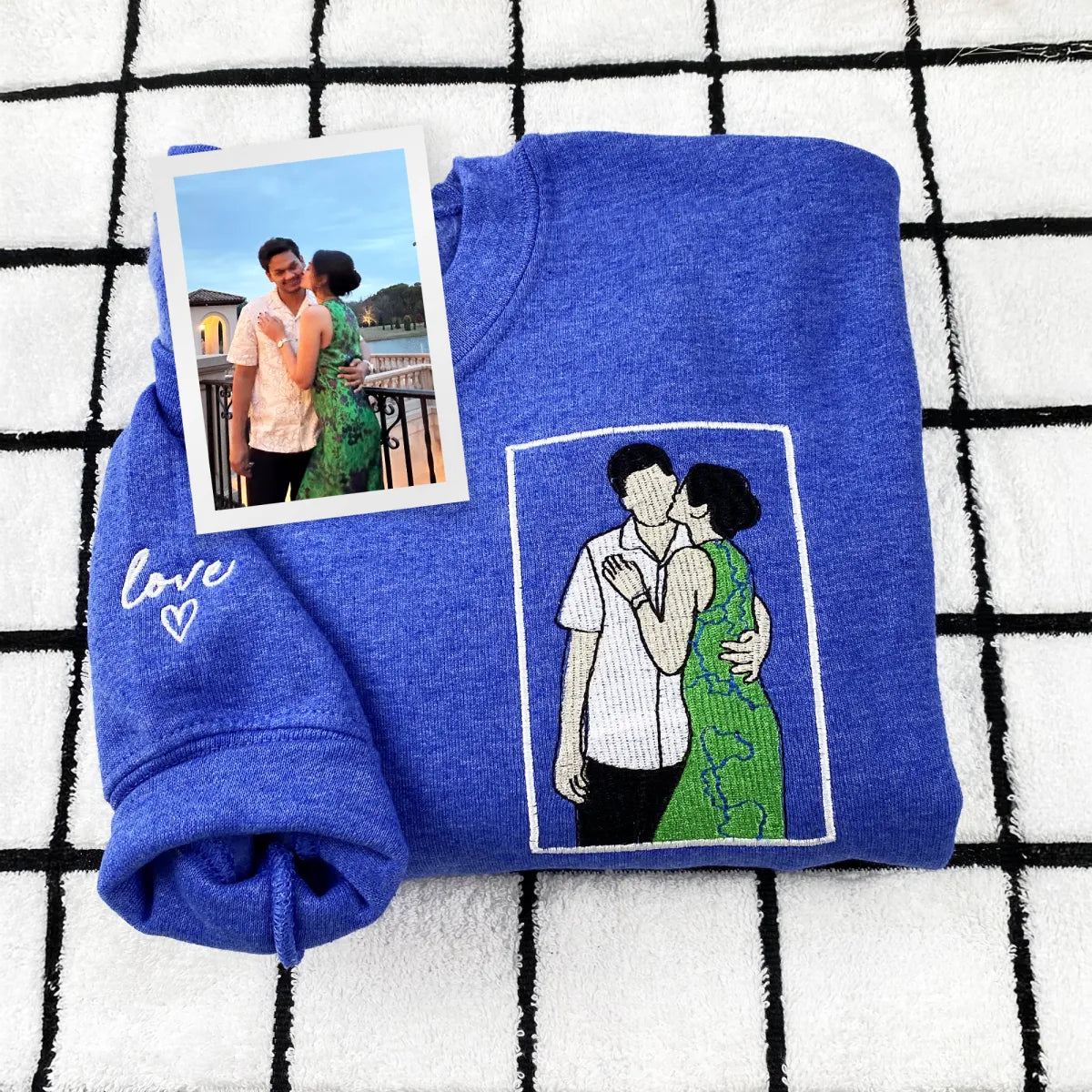 Custom Embroidered Anniversary Hoodie with Full Color Couple Portrait - Wedding Gift