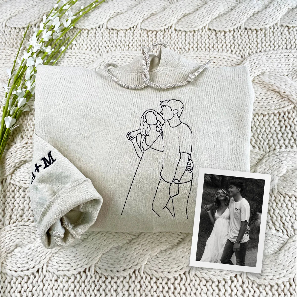 Custom Embroidered Couple Portrait Outline Hoodie from Photo - Personalized Gift