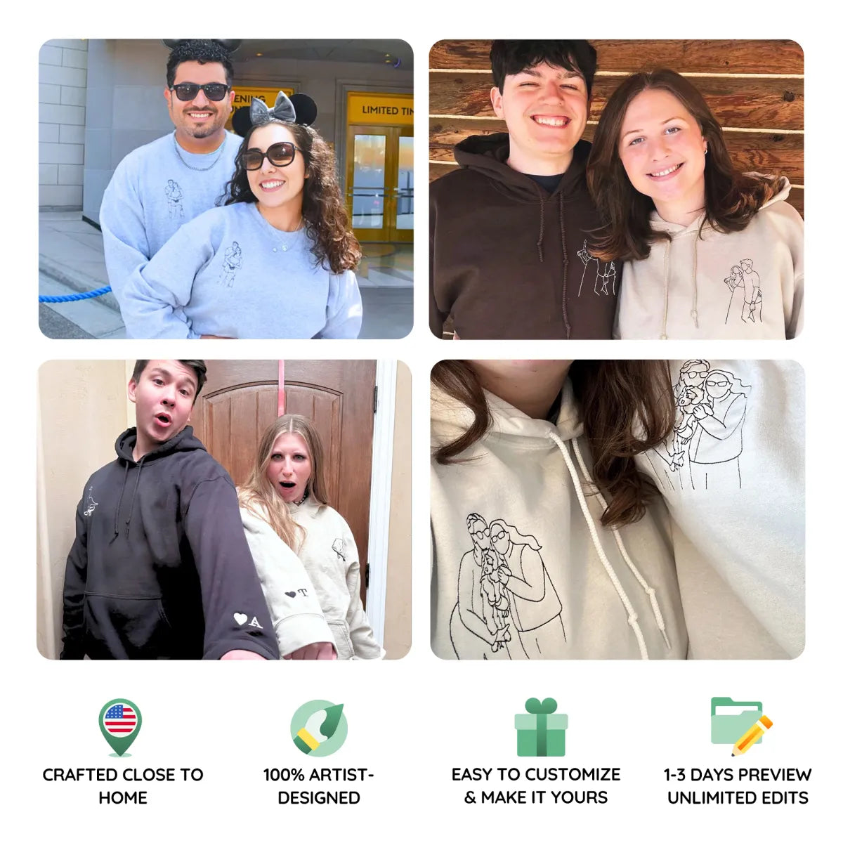 Custom Embroidered Couple Portrait Outline Hoodie from Photo - Personalized Gift