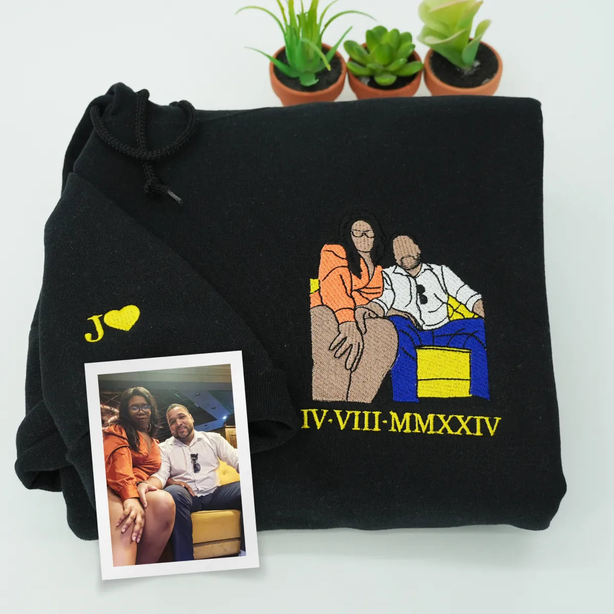 Custom Embroidered Roman Numeral Hoodie with Photo Portrait - Personalized Couple Gift