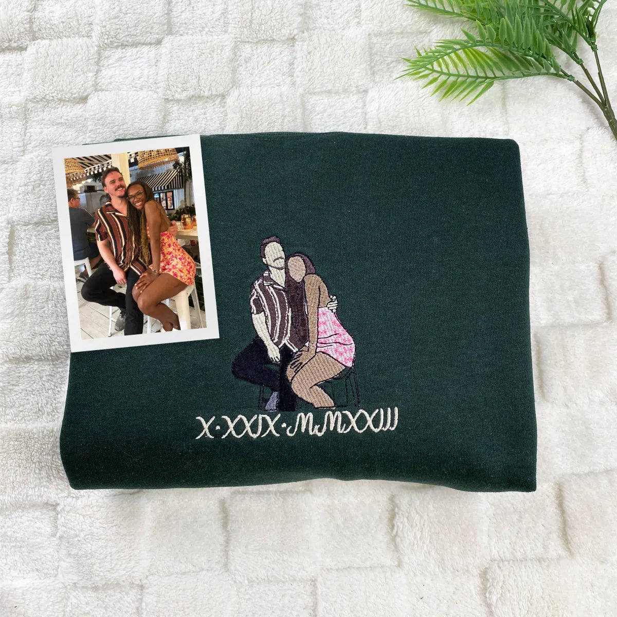 Custom Embroidered Roman Numeral Hoodie with Photo Portrait - Personalized Couple Gift