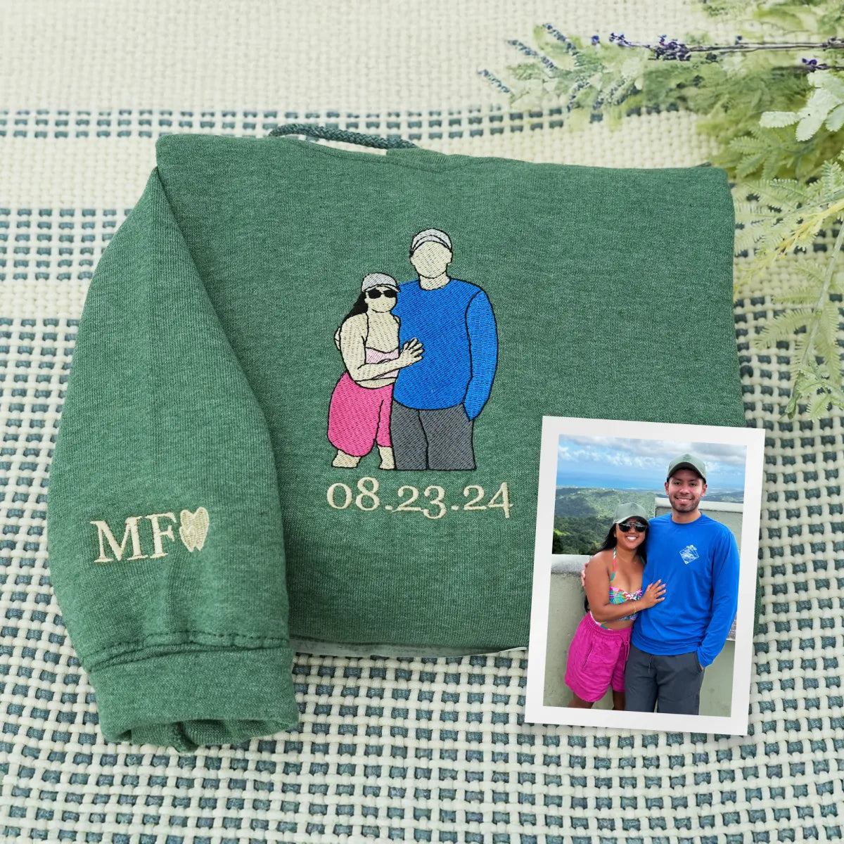 Custom Embroidered Roman Numeral Hoodie with Photo Portrait - Personalized Couple Gift