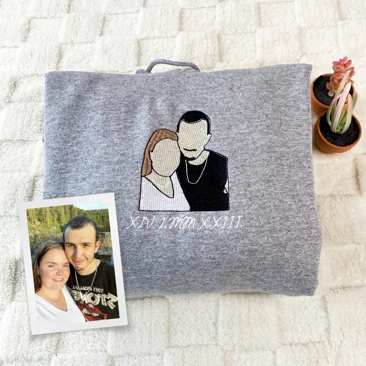 Custom Embroidered Roman Numeral Hoodie with Photo Portrait - Personalized Couple Gift