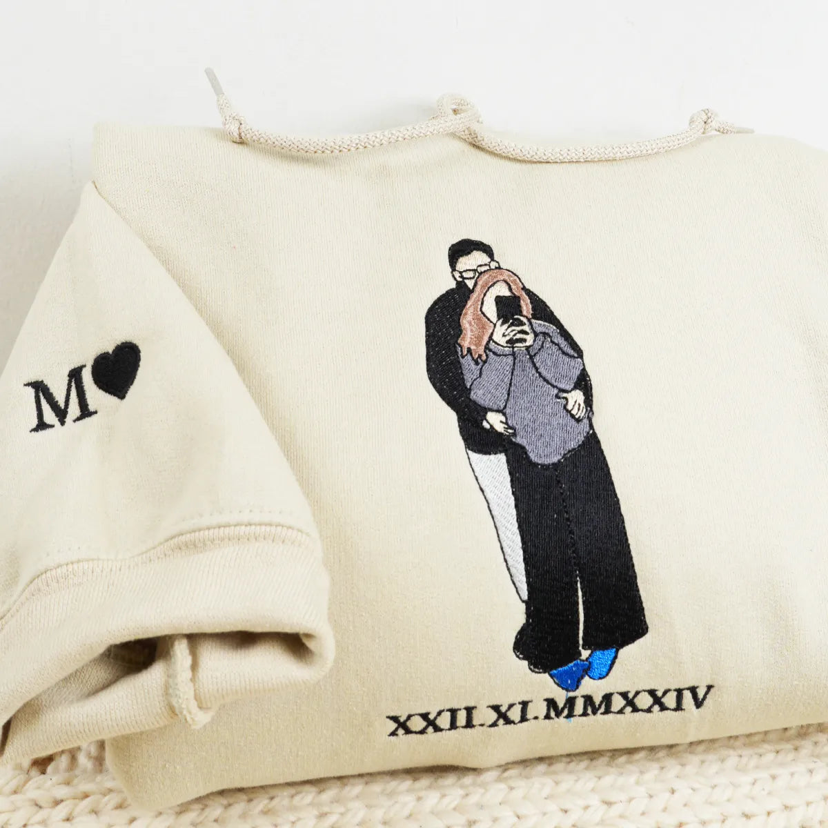 Custom Embroidered Roman Numeral Hoodie with Photo Portrait - Personalized Couple Gift
