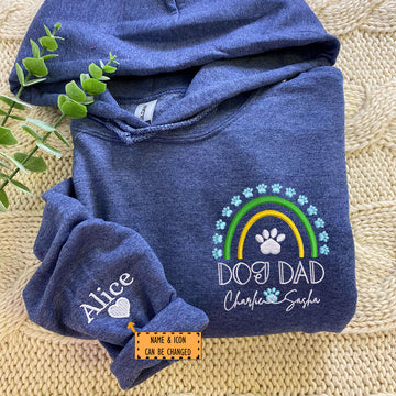 Custom Embroidered Dog Dad Hoodie with Pet Names - Rainbow Design Personalized Gift
