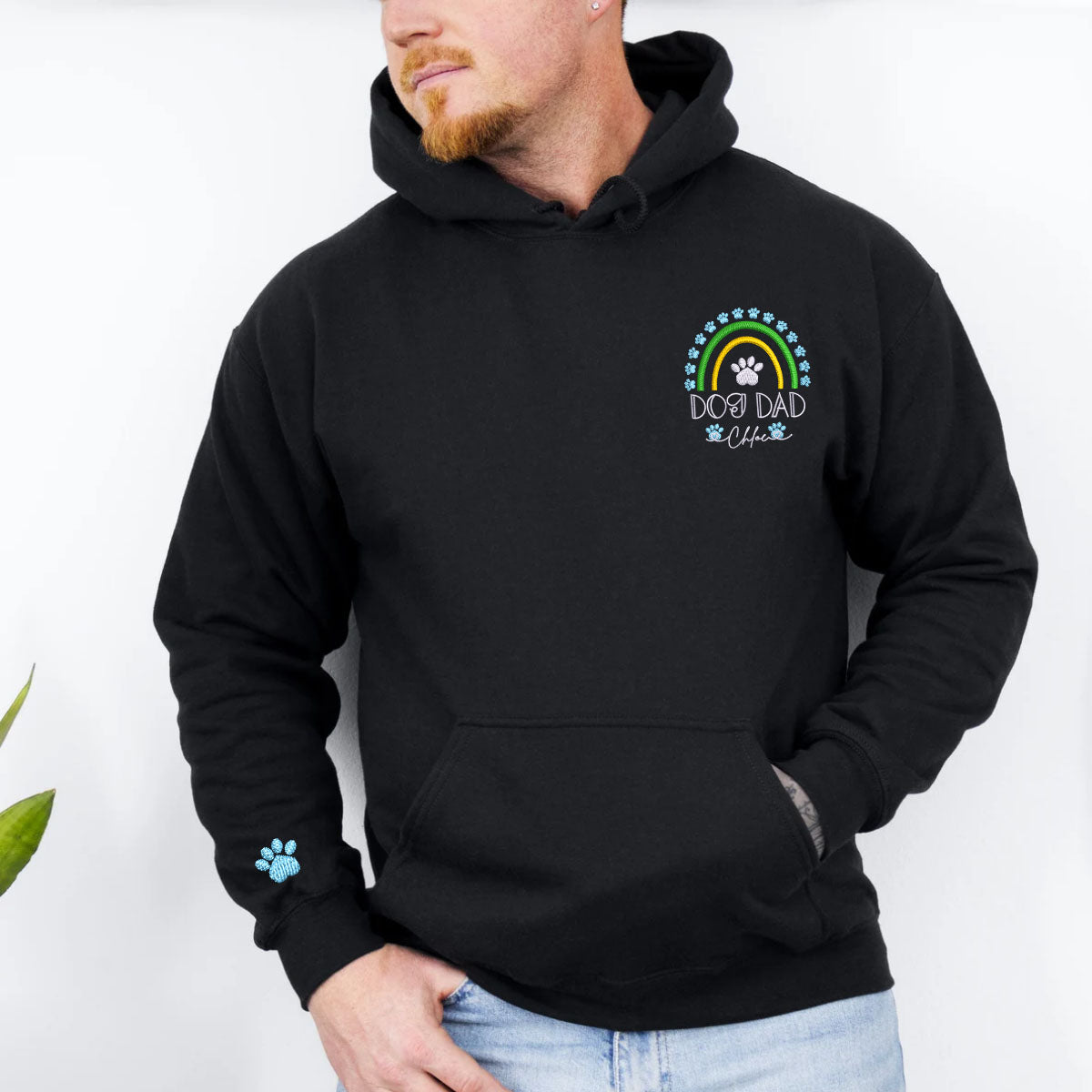 Custom Embroidered Dog Dad Hoodie with Pet Names - Rainbow Design Personalized Gift