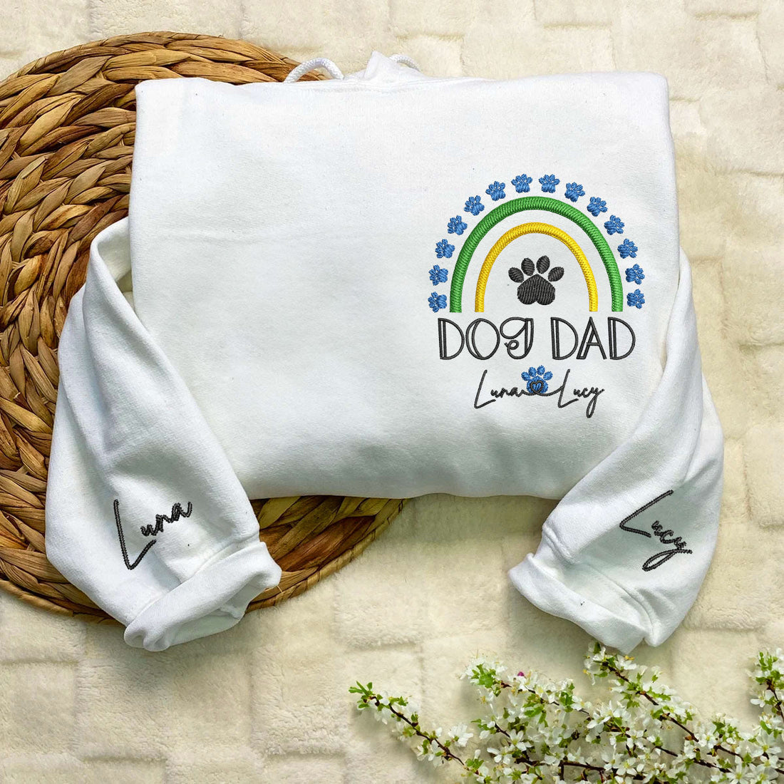 Custom Embroidered Dog Dad Hoodie with Pet Names - Rainbow Design Personalized Gift