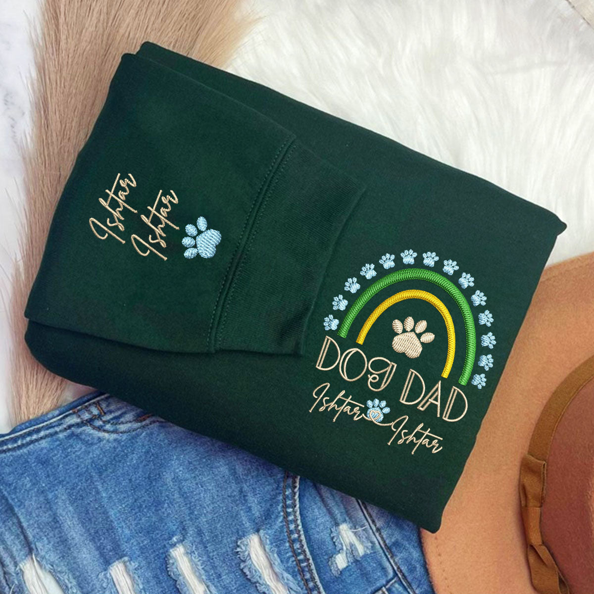 Custom Embroidered Dog Dad Hoodie with Pet Names - Rainbow Design Personalized Gift