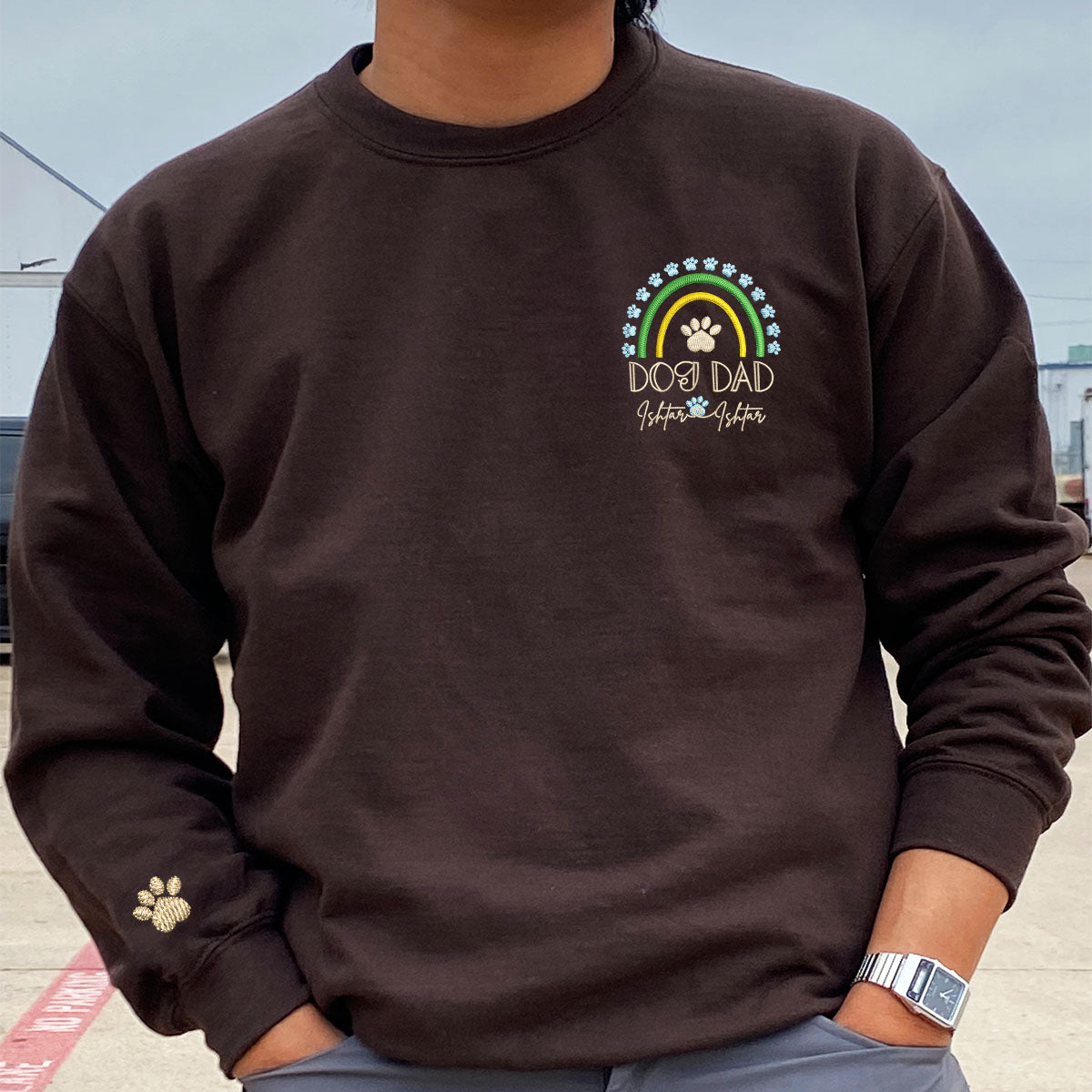 Custom Embroidered Dog Dad Sweatshirt with Pet Names - Rainbow Design Personalized Gift