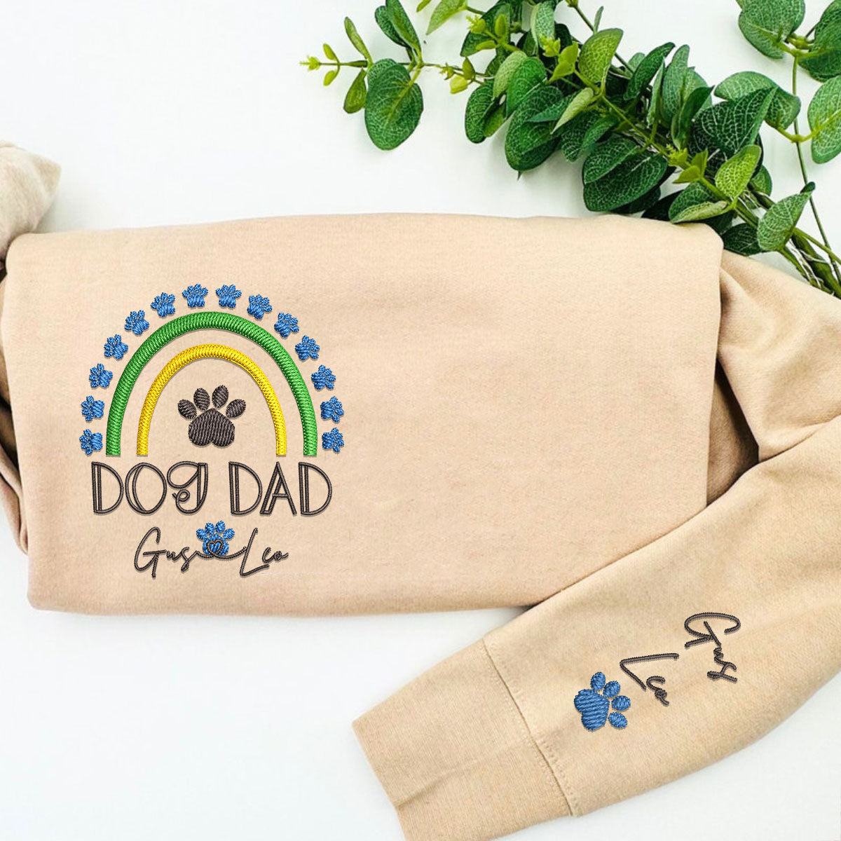 Custom Embroidered Dog Dad Sweatshirt with Pet Names - Rainbow Design Personalized Gift