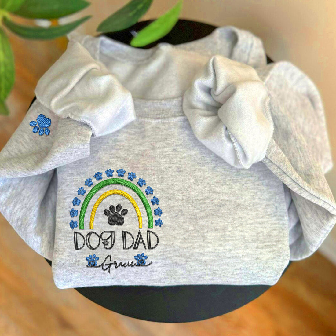 Custom Embroidered Dog Dad Sweatshirt with Pet Names - Rainbow Design Personalized Gift
