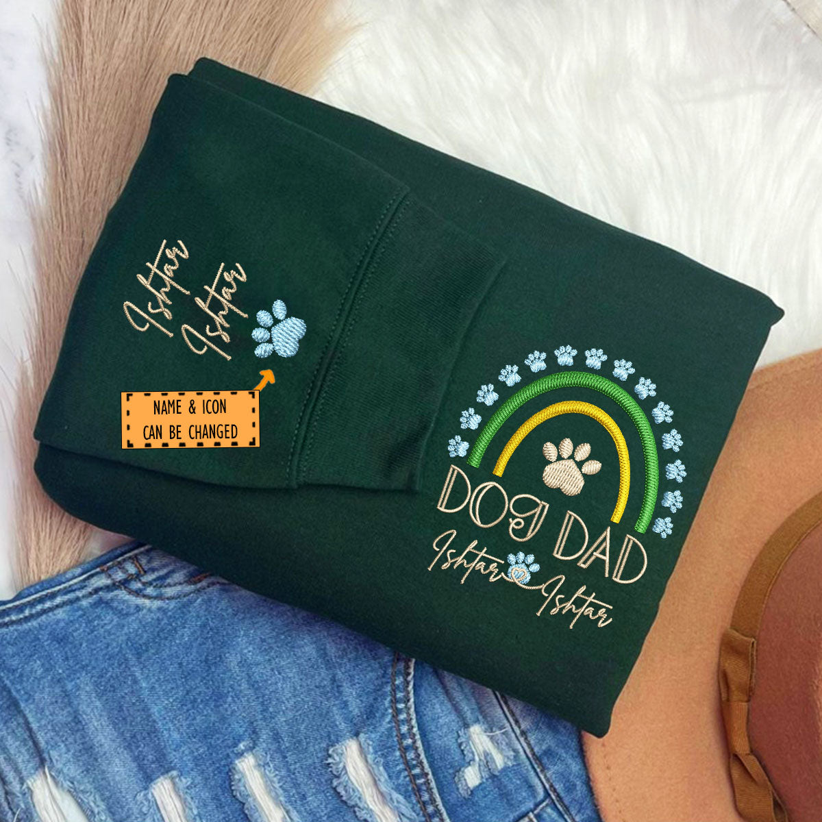 Custom Embroidered Dog Dad Sweatshirt with Pet Names - Rainbow Design Personalized Gift
