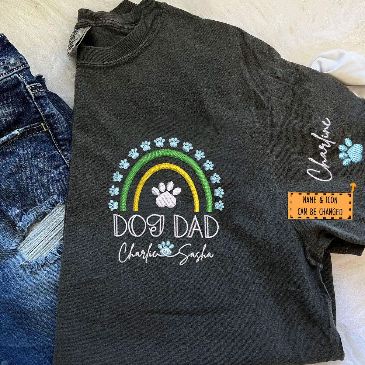 Custom Embroidered Dog Dad T-Shirt with Pet Names - Rainbow Design Personalized Gift