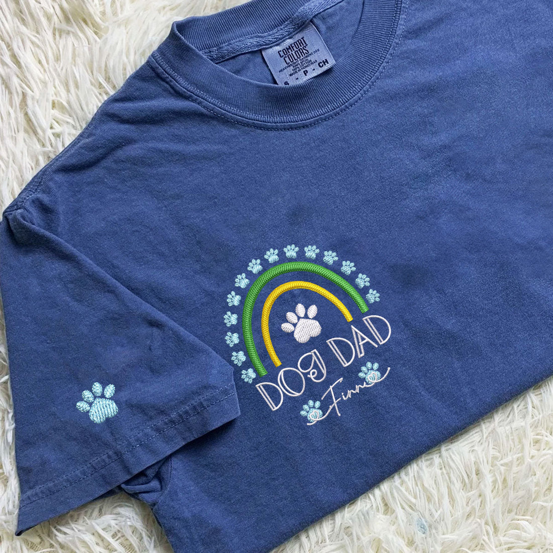 Custom Embroidered Dog Dad T-Shirt with Pet Names - Rainbow Design Personalized Gift
