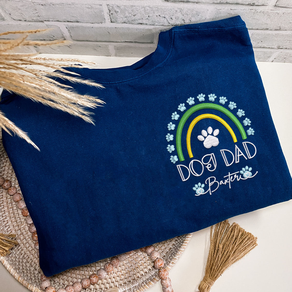 Custom Embroidered Dog Dad T-Shirt with Pet Names - Rainbow Design Personalized Gift