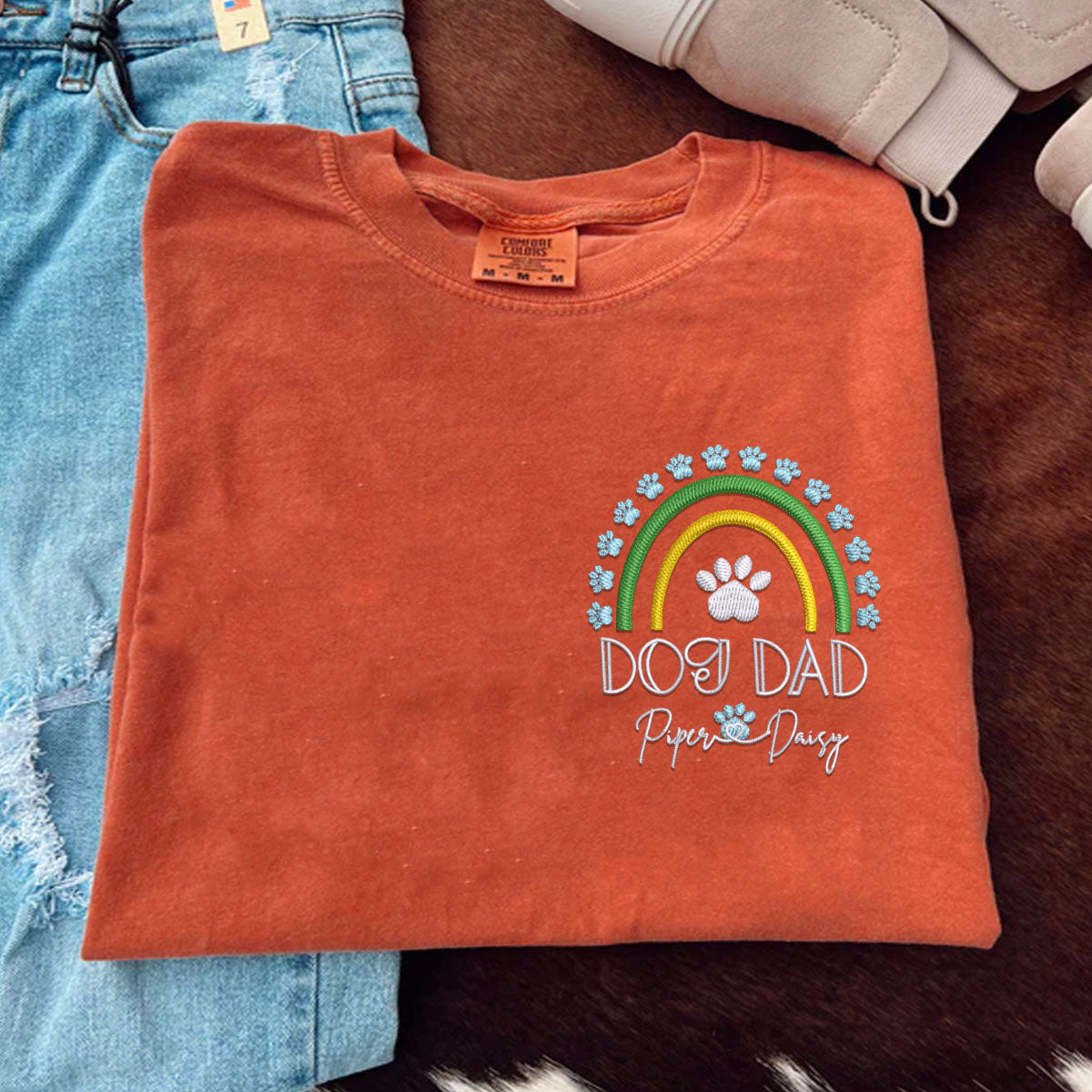 Custom Embroidered Dog Dad T-Shirt with Pet Names - Rainbow Design Personalized Gift