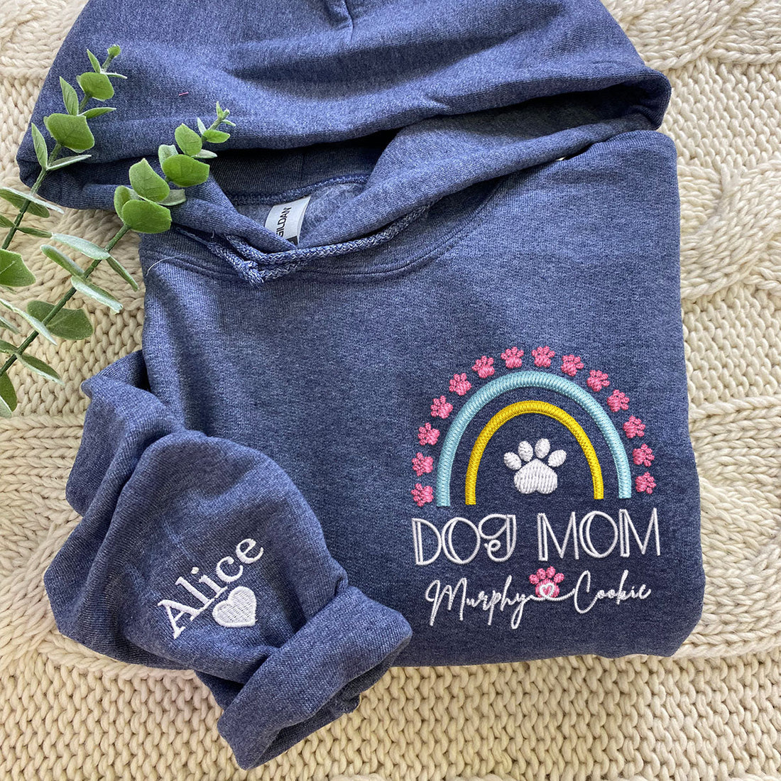Custom Embroidered Dog Mom Hoodie with Pet Names - Rainbow Design Personalized Gift