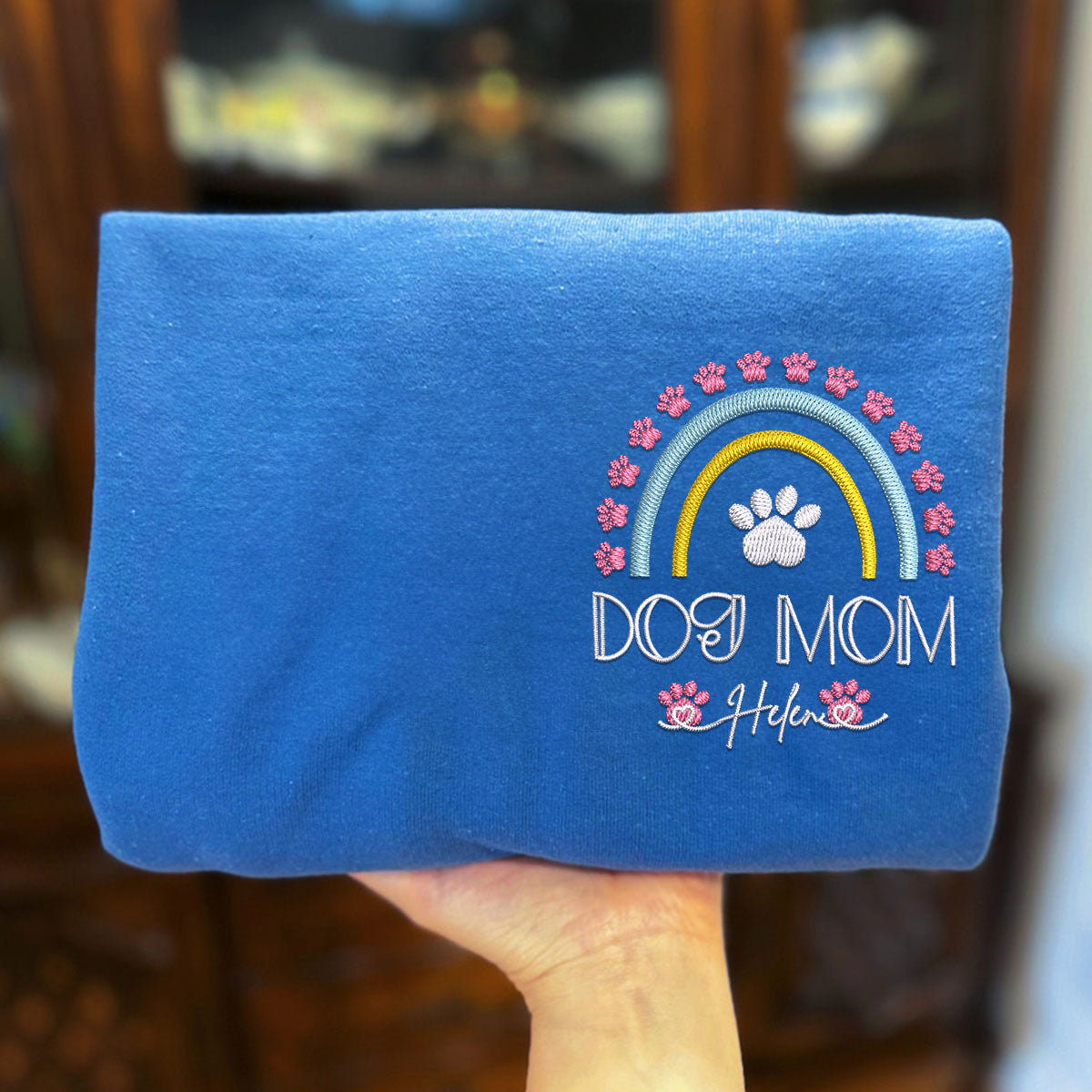 Custom Embroidered Dog Mom Hoodie with Pet Names - Rainbow Design Personalized Gift