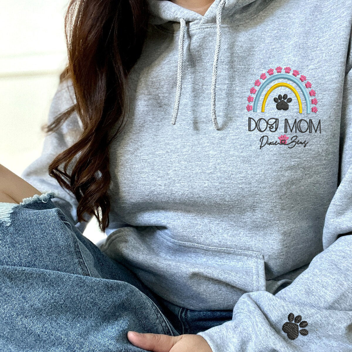 Custom Embroidered Dog Mom Hoodie with Pet Names - Rainbow Design Personalized Gift