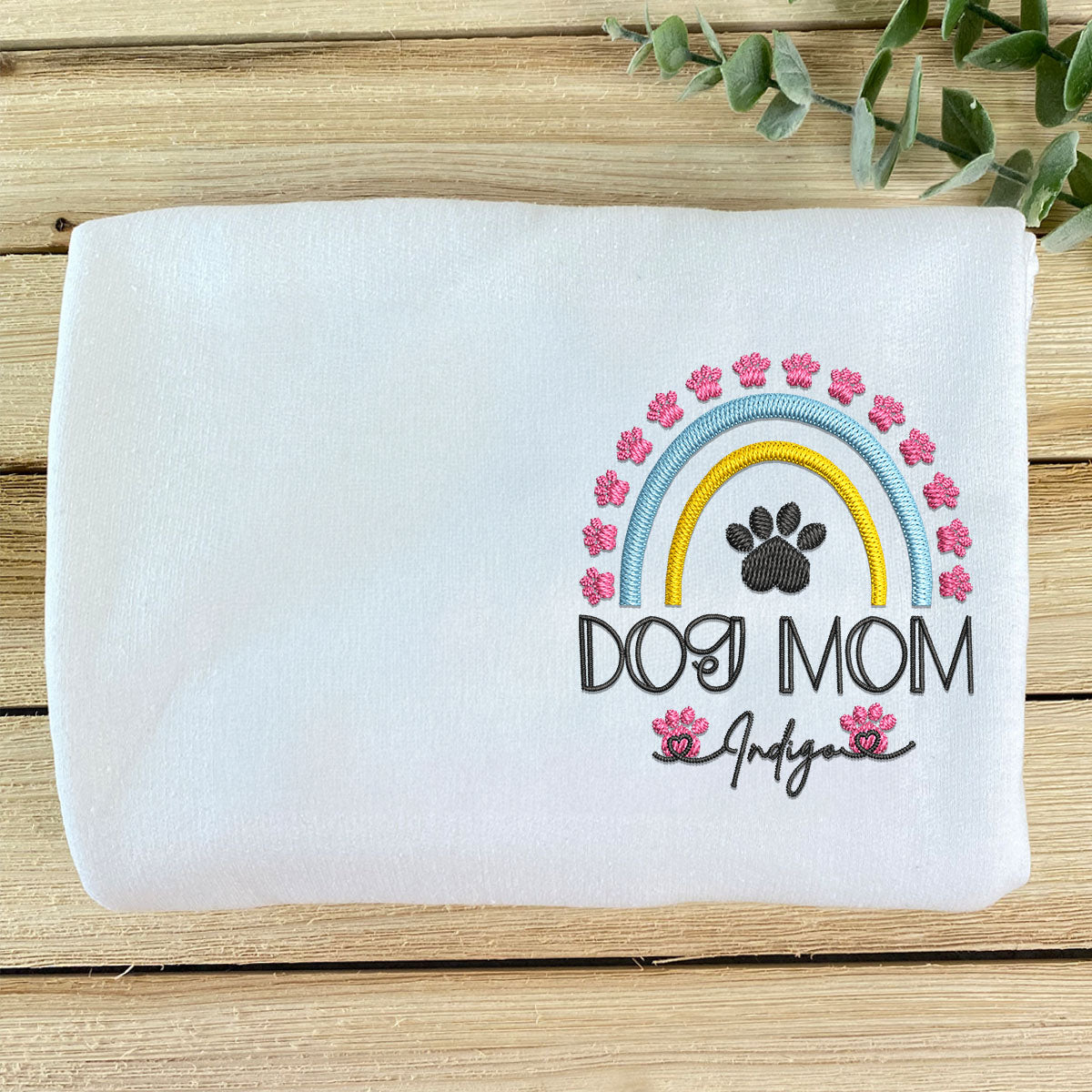 Custom Embroidered Dog Mom Hoodie with Pet Names - Rainbow Design Personalized Gift