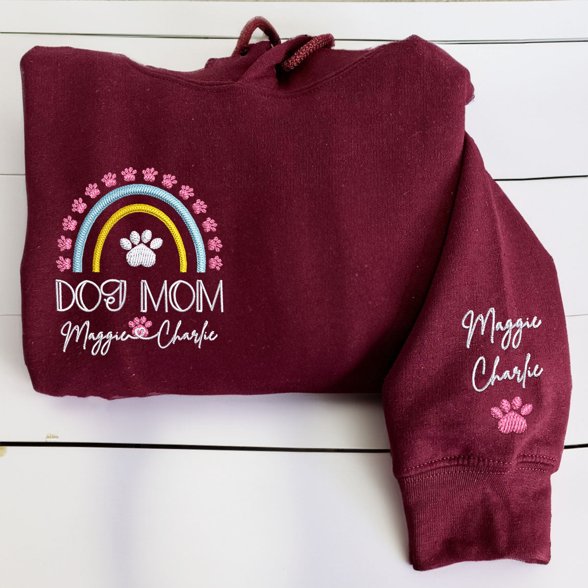 Custom Embroidered Dog Mom Hoodie with Pet Names - Rainbow Design Personalized Gift