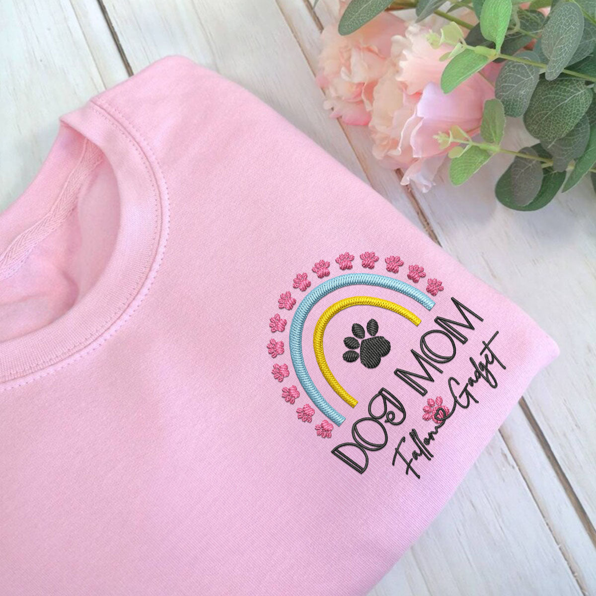 Custom Embroidered Dog Mom Sweatshirt with Pet Names - Rainbow Design Personalized Gift