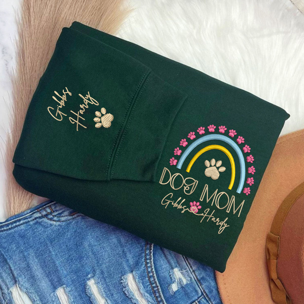 Custom Embroidered Dog Mom Sweatshirt with Pet Names - Rainbow Design Personalized Gift