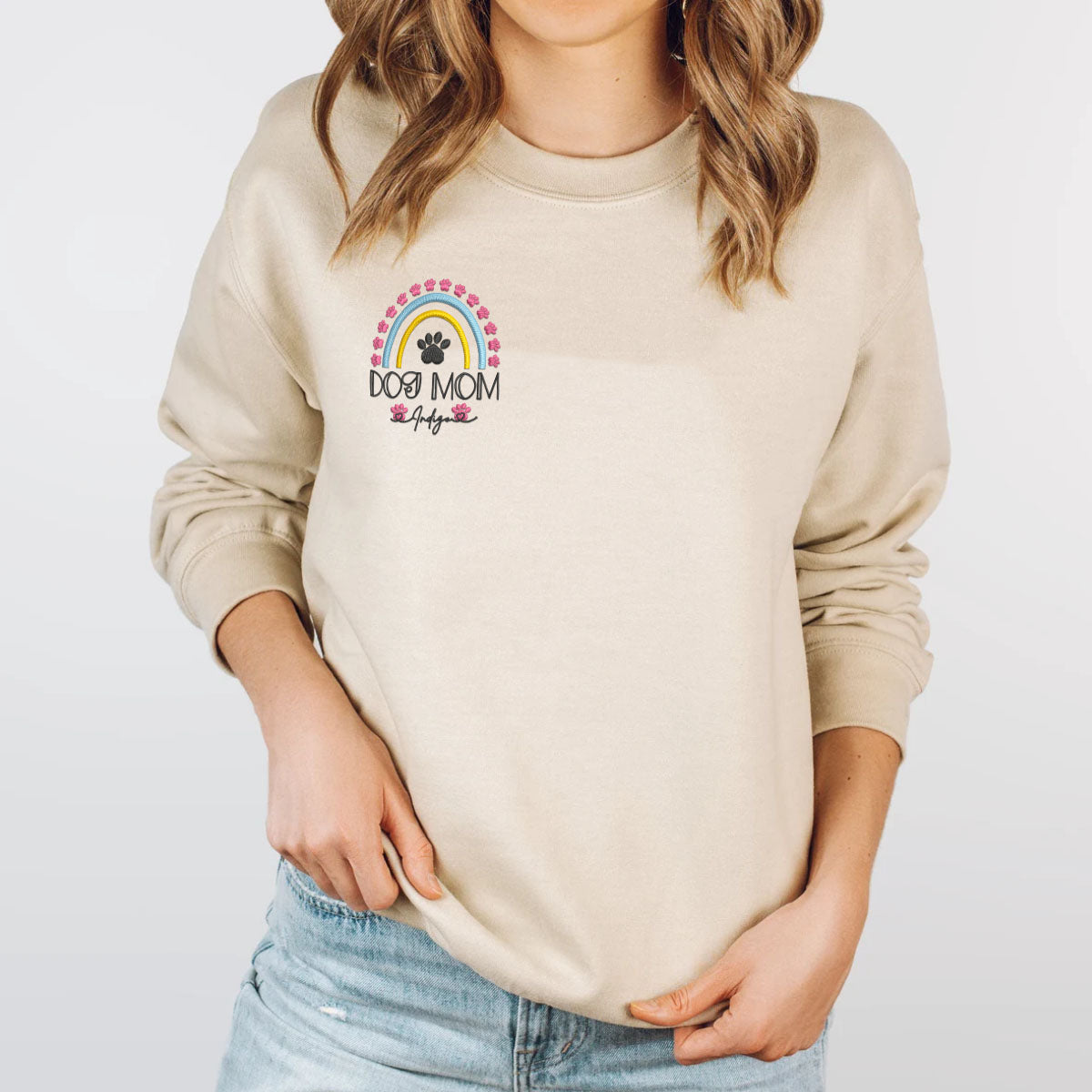 Custom Embroidered Dog Mom Sweatshirt with Pet Names - Rainbow Design Personalized Gift