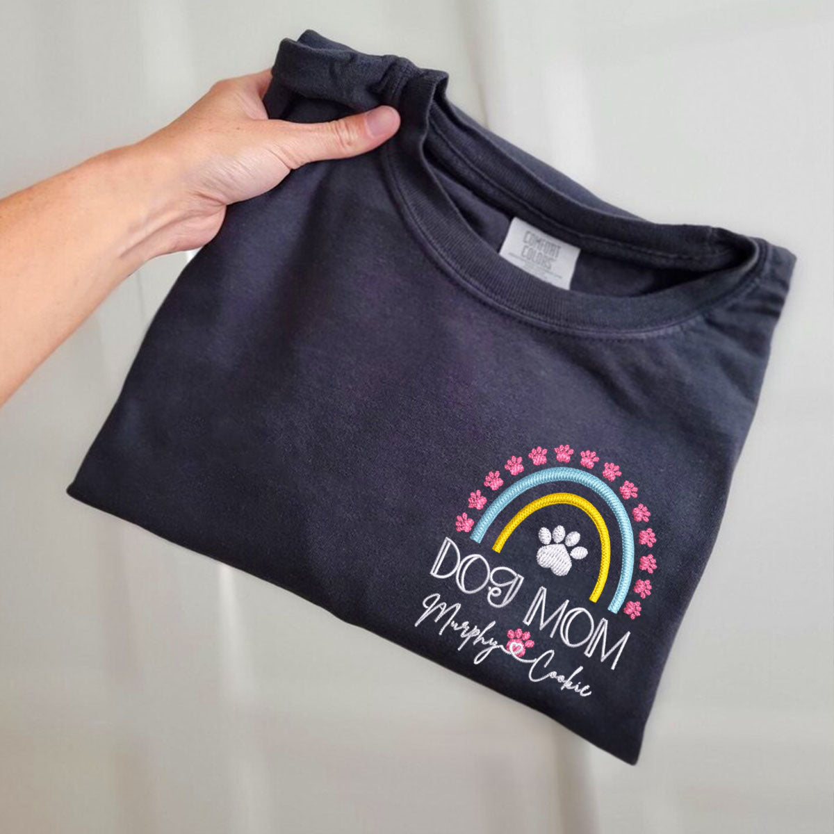 Custom Embroidered Dog Mom T-Shirt with Pet Names - Rainbow Design Personalized Gift