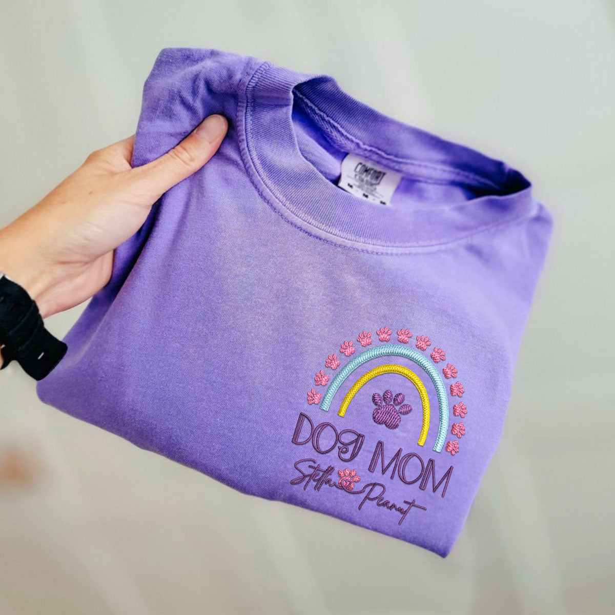 Custom Embroidered Dog Mom T-Shirt with Pet Names - Rainbow Design Personalized Gift